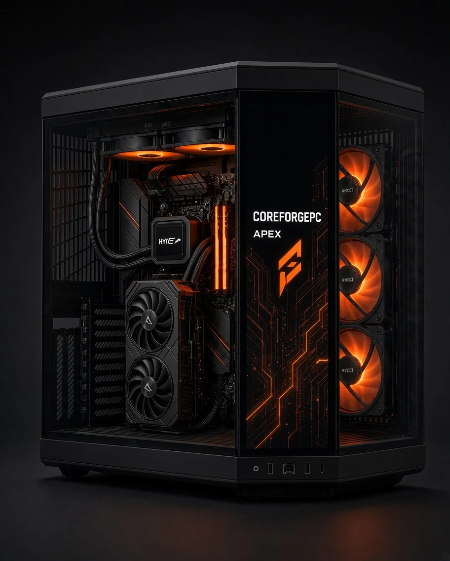 Concept render of CoreForge APEX in HYTE Y70 Touch Infinite case
